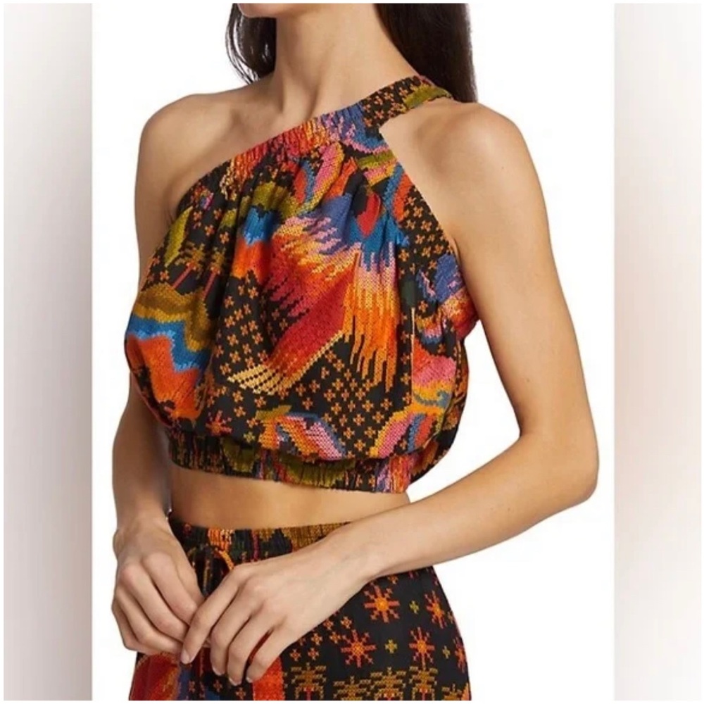 FARM RIO macaw island one-shoulder linen blend crop top M